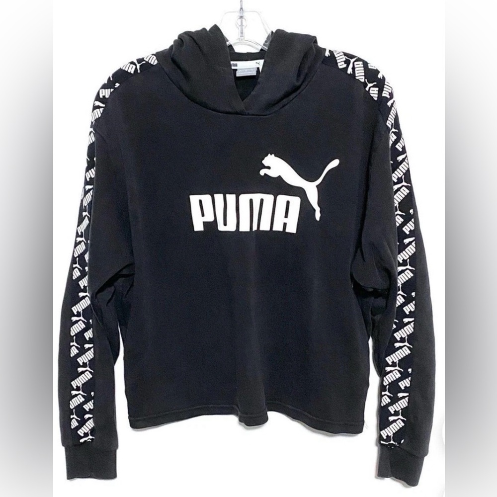 PUMA Women’s Cropped Graphic Hoodie Black Logo Sleeve Boxy Fit SZ S Athletic